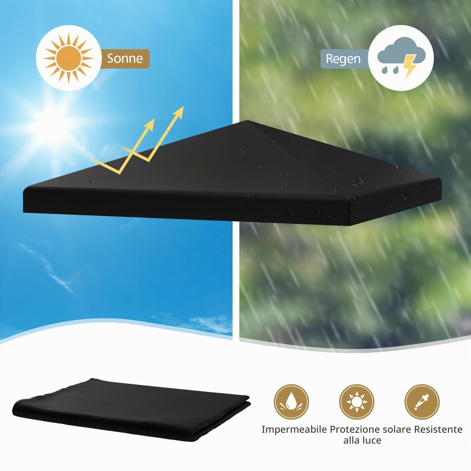 FANTASK Copertura di ricambio per gazebo, 3 x 3 m, con chiusure in, impermeabile e stabile, per gazebo da giardino (nero)