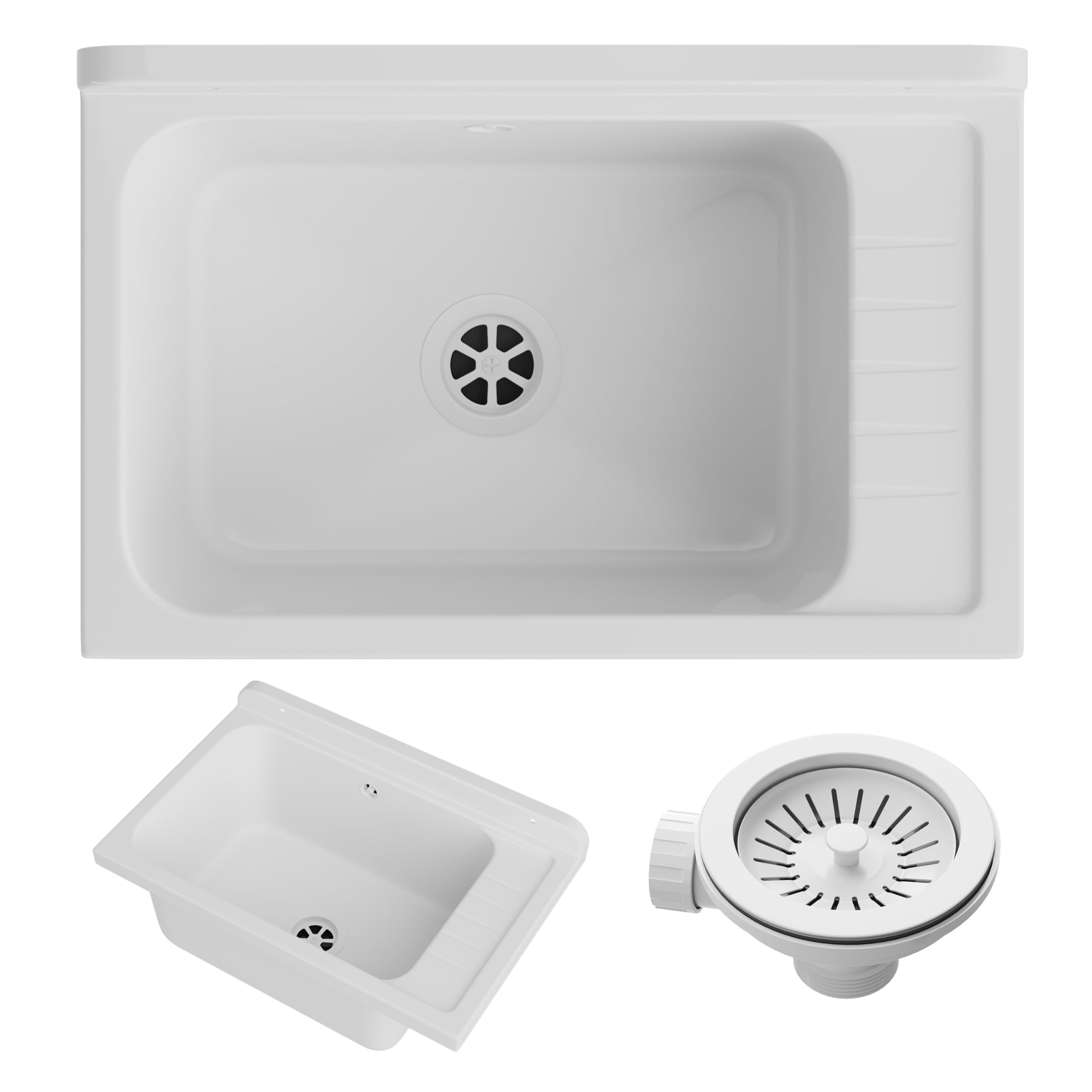 Granitan Lavabo universel pour garage, cave, atelier et buanderie, avec siphon, lavabo mural pour installation intérieure et extérieure, 58 x 38 x 26,7 cm, blanc