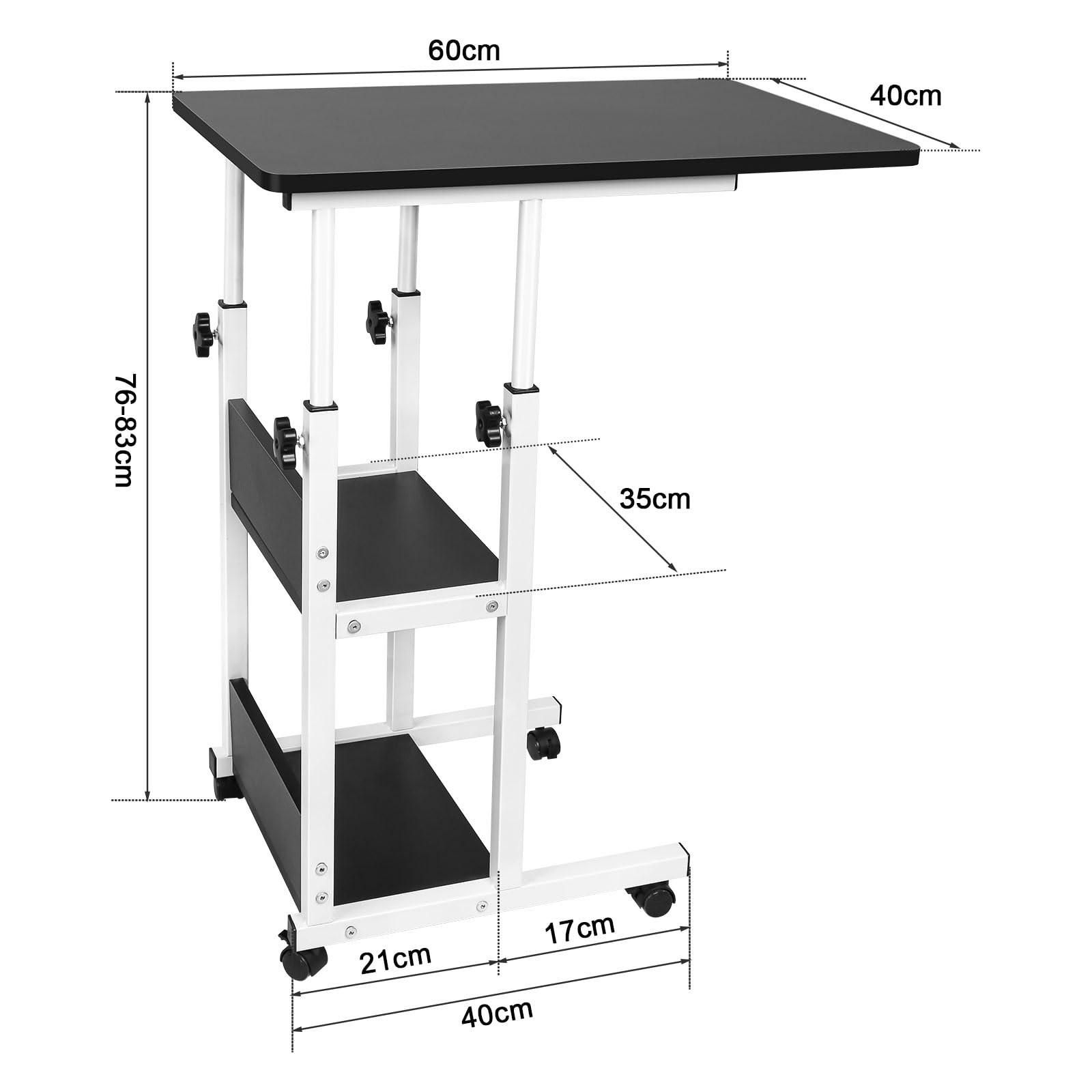 LANTUS Tavolo da letto a rotelle, scrivania in piedi regolabile in altezza, tavolino a forma di C, pieghevole a 90°, girevole a 360°, super robusto e stabile, 60 x 40 x 76-86,5 cm (nero)