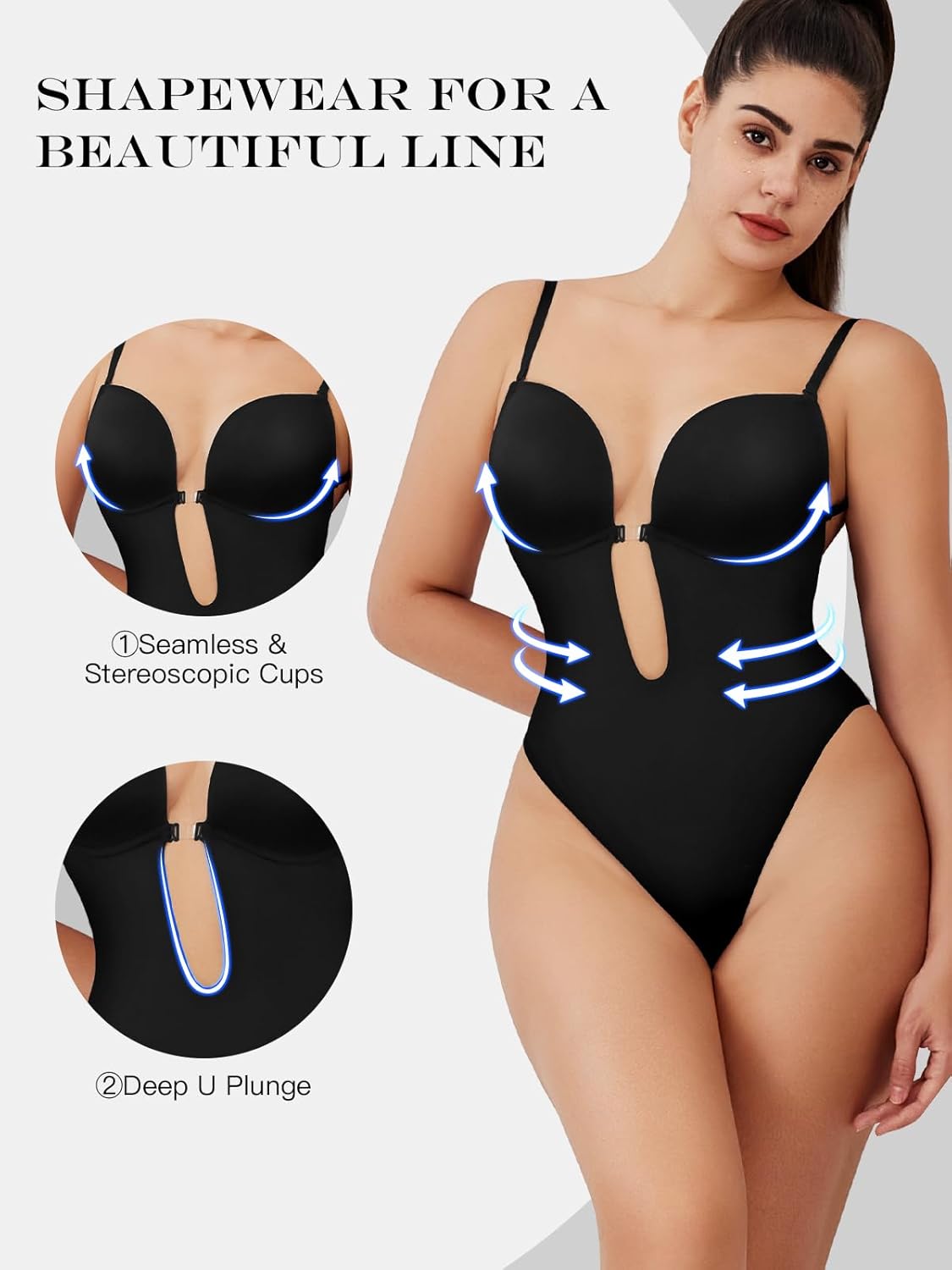 Decorus Shapewear Backless Bodysuit Strapless: Low-back Thong Body-shaper Invisible Women - Build in Bra Open-back Bodysuits - Image 2