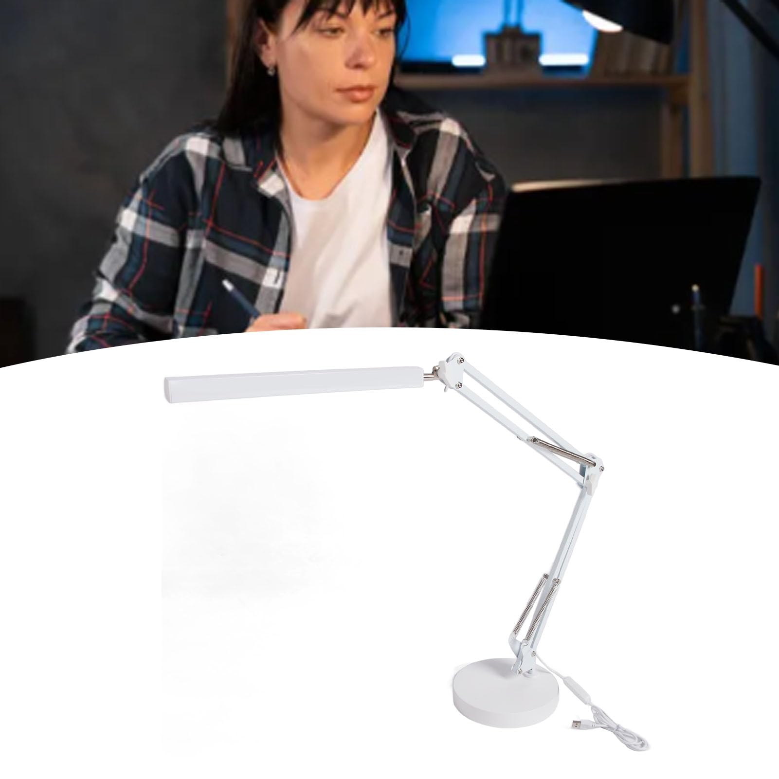 Fyearfly Schreibtischlampe mit Schwenkarm, USB-klappbare, augenschonende LED-Tischlampe mit mehreren Gelenken und rundem Sockel (Weiß)