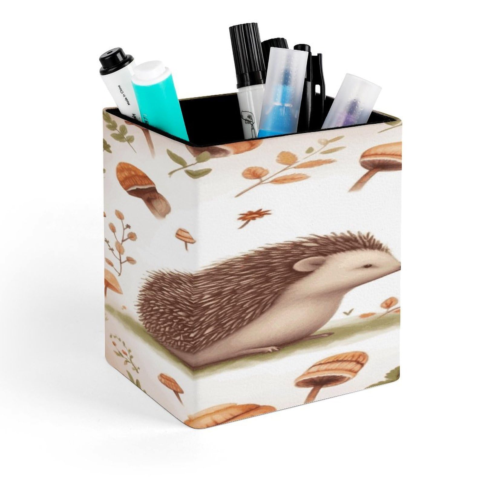 JTREHY Nature Lovely Hedgehog Lovers Pen Holder Square Pen Pencil Holder Makeup Brush Holders Cup PU Leather Pencil Cups Desktop Caddy Stationery Organizer Case Office Accessories Container Box