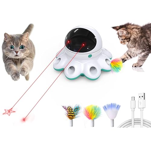 ORSDA Cat Laser Toy, 2 in 1 Rechargeable Cat Toys, 8 Holes Mice Whack A Mole Moving Feather, Suitable for All Breeds - Robin Egg Blue Base-red Laser