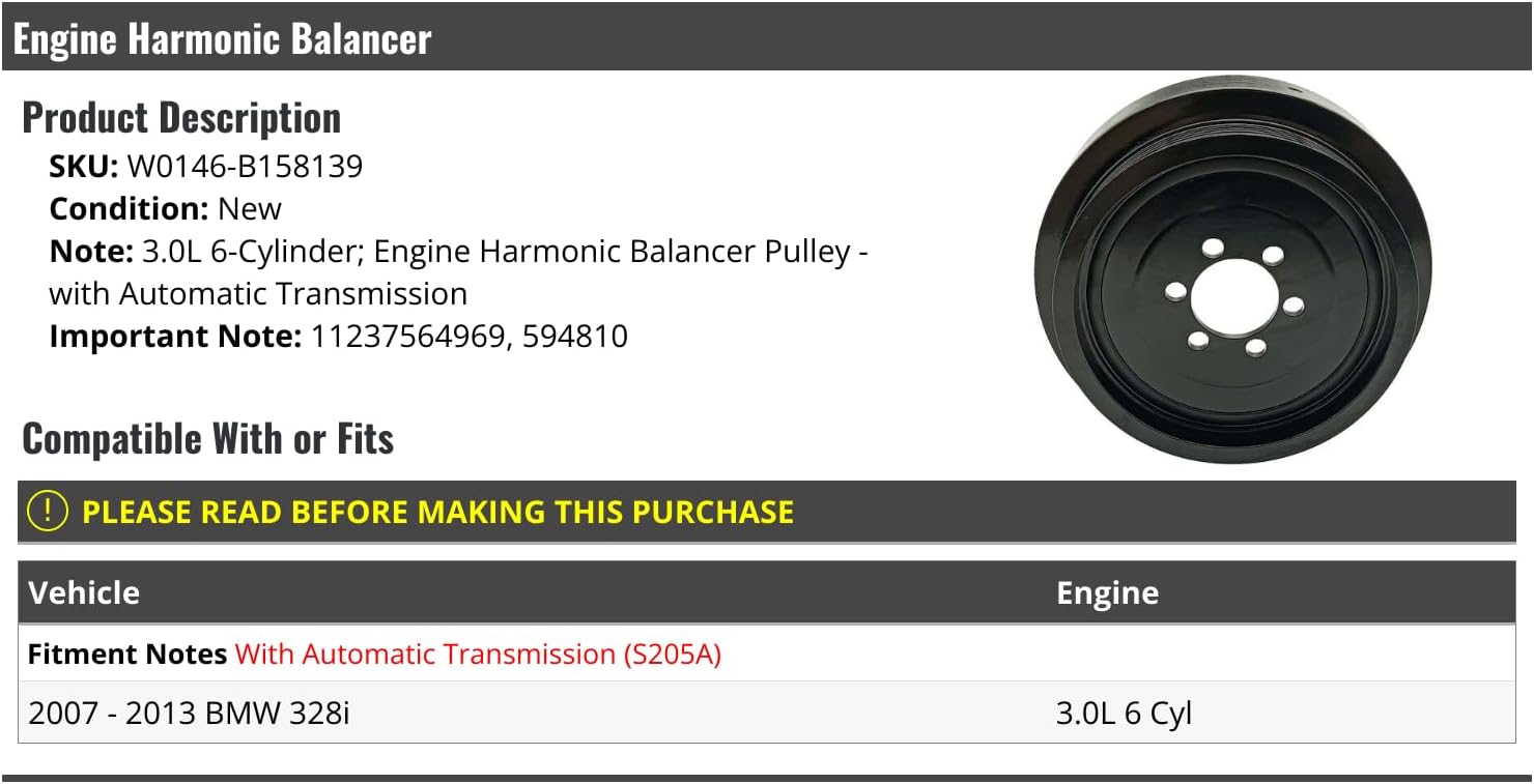 Harmonic Balancer Crankshaft Pulley - Compatible with 2007-2013 BMW 328i 3.0L 6-Cylinder (with Automatic Transmission)