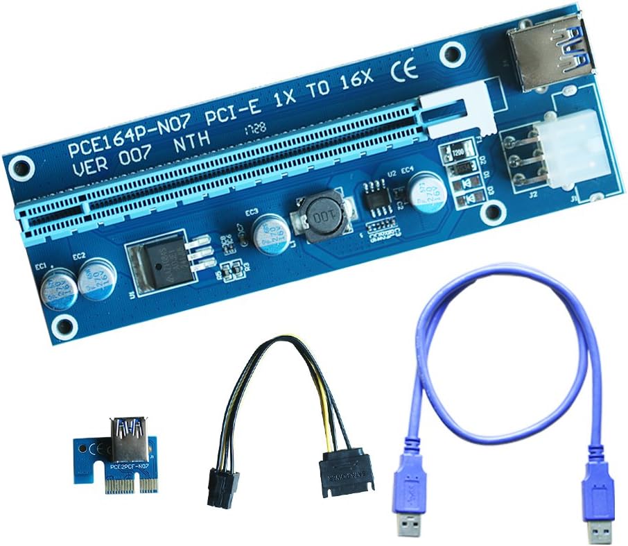 Leboo 1-Pack PCIE Riser VER 007 PCI Riser 6 PIN 1x to x16 Powered Riser Adapter Card w/ 60cm USB 3.0 Extension Cable & PCI-E to SATA Power Cable
