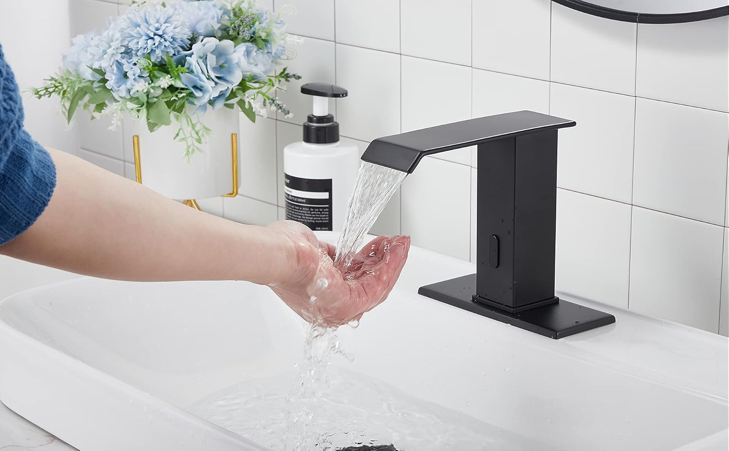 Automatic Sensor Matte Black Touchless Bathroom Sink Faucet with Cover Plate Vanity Faucets Hands Free Waterfall Bathroom Water Tap with Control Box and Temperature Mixer by GGStudy : Everything Else
