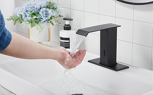 Miniatura 7 de Grifo de lavabo de baño con sensor automático, color negro mate, sin contacto, con placa de cubierta, grifos de tocador manos libres, cascada con