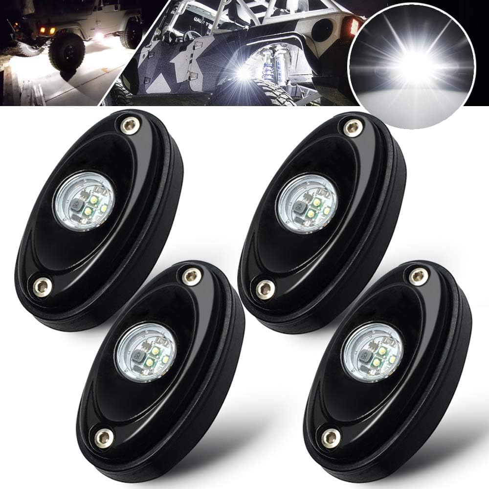 White LED Rock Lights Under glow LED Light kits Waterproof LED Neon Light for Jeep off road Truck UTV ATV SUV Baja Raptor Boat Rig Lamp Trail Underbody Light (4 Pods)