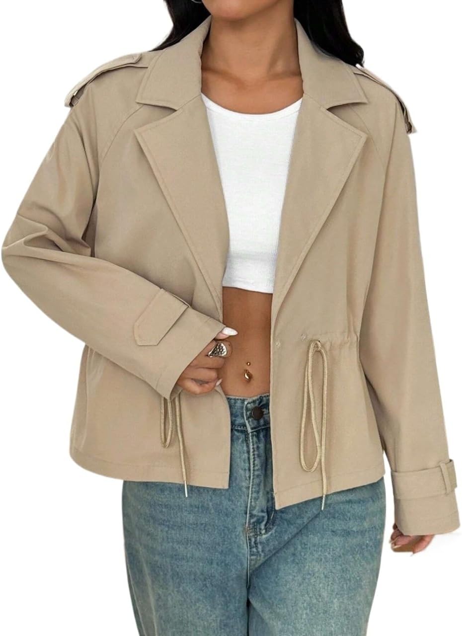 Womens Fashion Trench Outwear Autumn Waist Short Trench Coat Jacket Coat