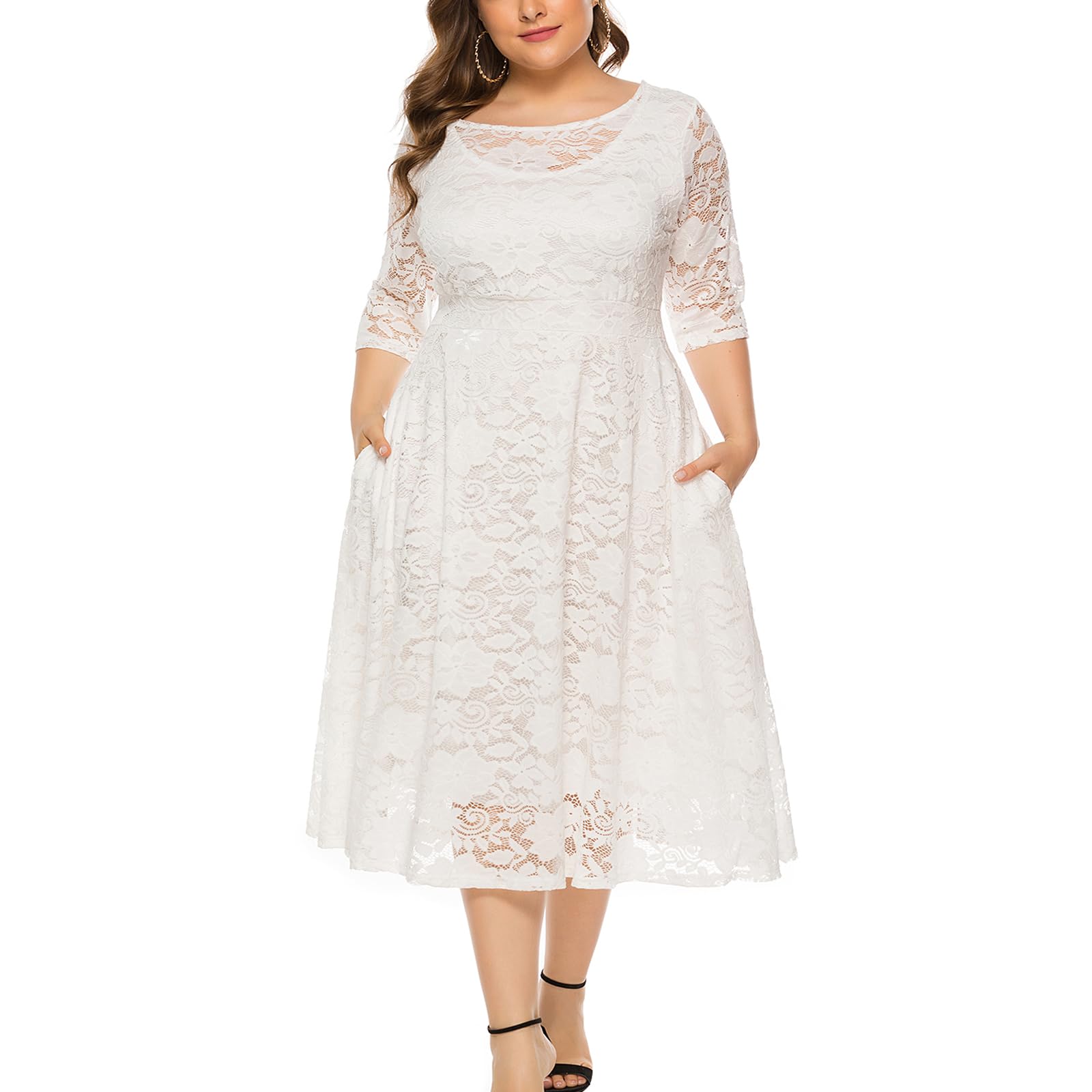 Womens Floral lace Plus Size Midi Dress Scooped Neckline Cocktail Party Dresses