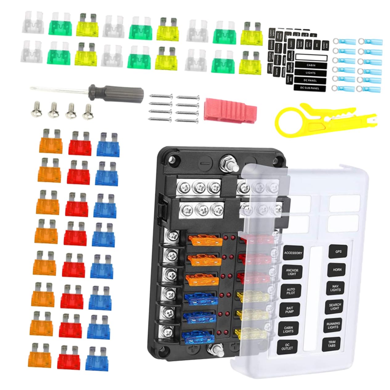 Scatola Fusibili 12 Circuiti Dc32v 100a Pbt PC per Auto e Barca | Rame Nichelato e Acciaio Inox, Luce Indicatore, Manutenzione Rapida e Protezione Dai Detriti