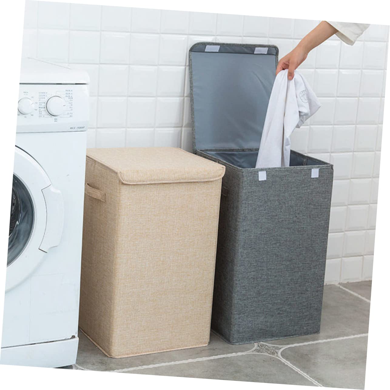 Cabilock Cesto Portabiancheria Beige Coperchio, Lavabile e Portatile, Capacità Media per Piccoli Spazi tra Lavatrice e Asciugatrice