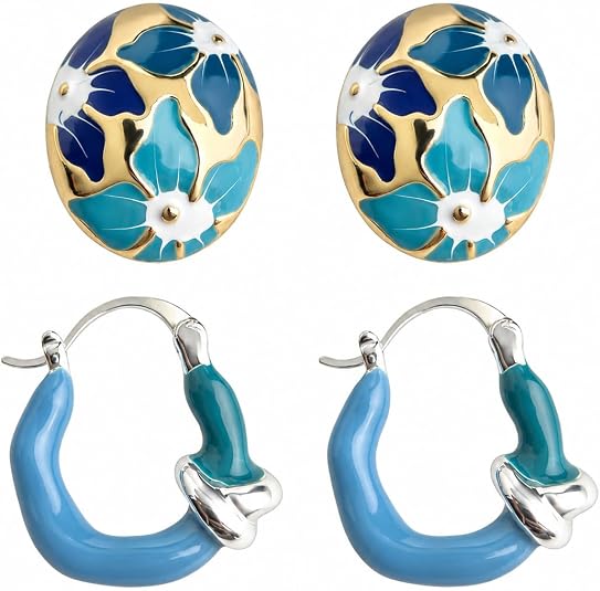 Blue Earrings Set for Women, Floral Stud and Small Hoop Earrings Blue Earrings Set for Women, Floral Stud and Small Hoop Earrings - Create a Striking Office Look with Simple Pieces
