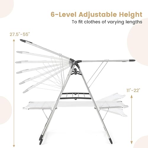 Miniatura 3 de Giantex Tendedero de secado de ropa, plegable de acero inoxidable con altura ajustable de 6 niveles, diseño de colgador alto, clips laterales,