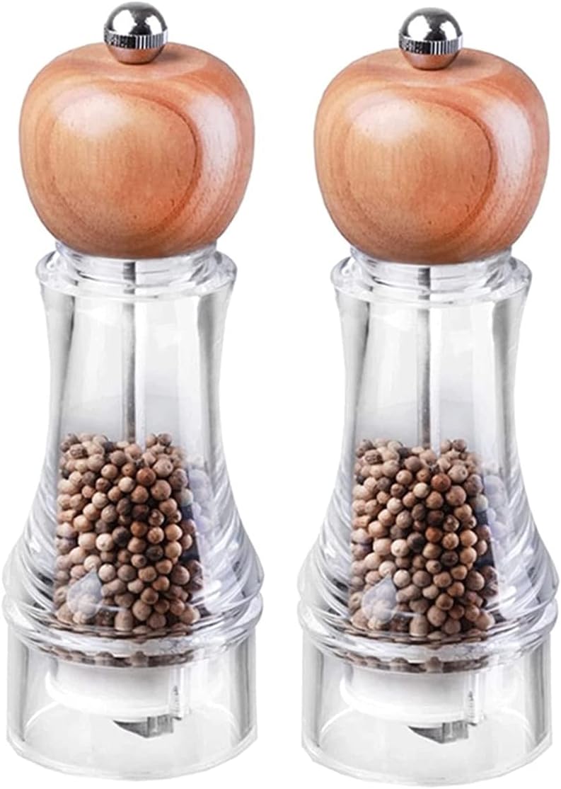 Salt and Pepper Mill Set,Wooden Salt and Pepper Grinders,Salt and Pepper Shakers with Acrylic Visible Window,Ceramic Grinding Core,Pack of 2