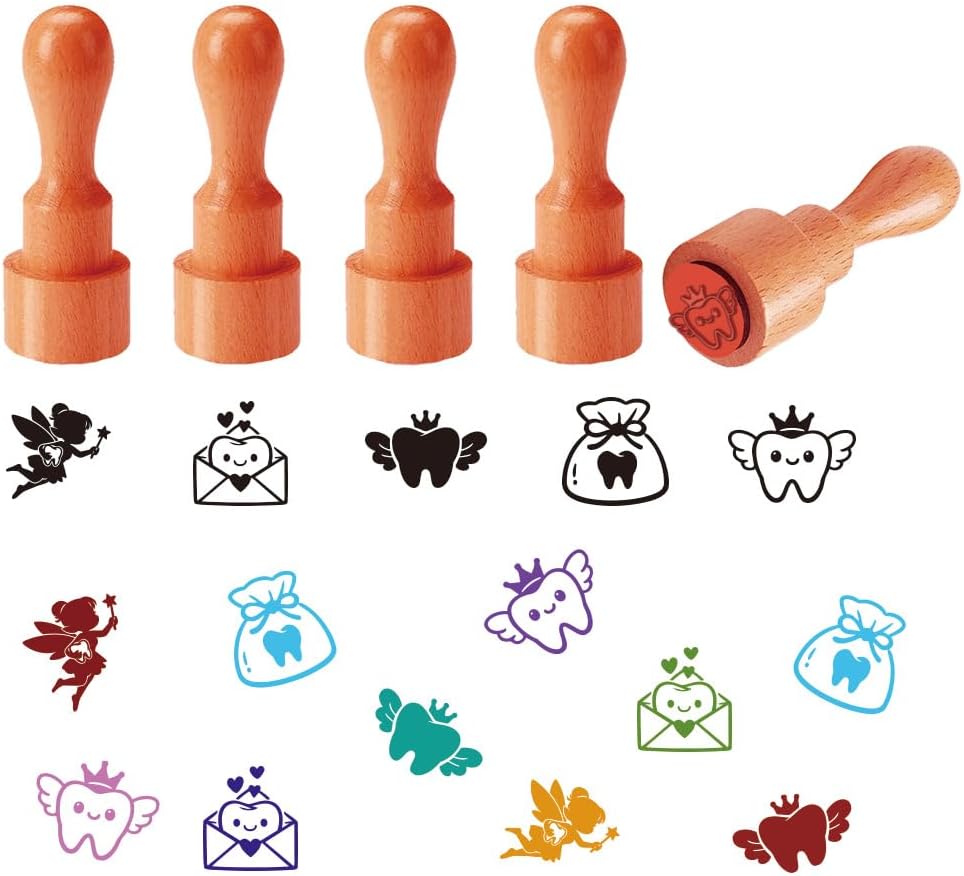 AHANDMAKER 5 Styles Mini Wooden Rubber Stamps, Tooth Fairy Cute Tooth Patterns Round Handle Stamps Dental Health Theme Decorative Wood Stamp for DIY Crafting Scrapbooking Card Making Planner