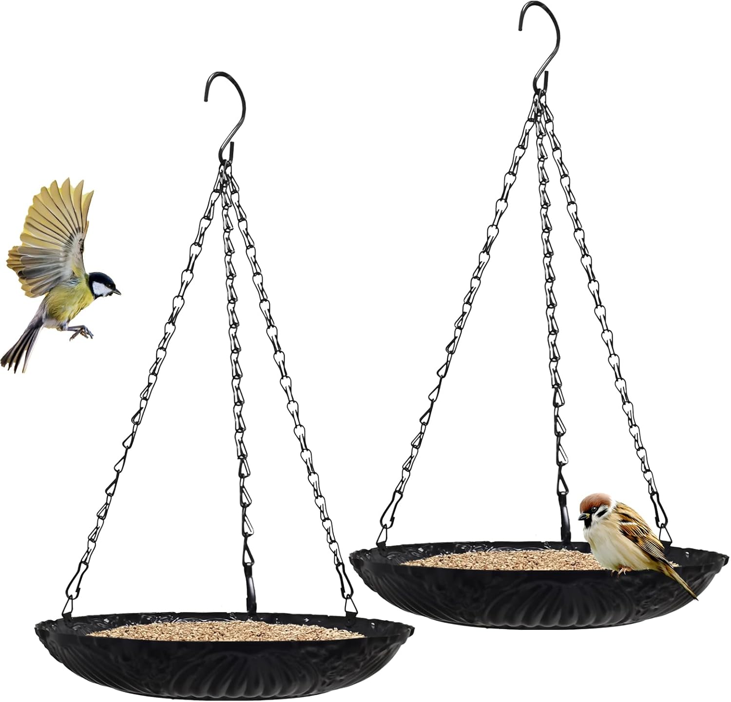 Platform Bird Feeder，11 inch Large Metal Hanging Tray Bird Feeders for Outside, 2 Pack