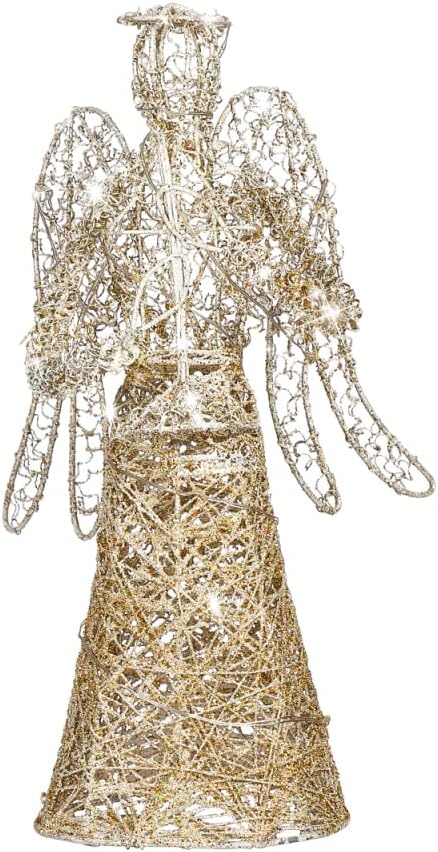 PRETYZOOM Lighted Glittered Christmas Angel Tree Topper Hollow Wire Angel Treetop Xmas Tree Topper for Christmas Ornaments and Holiday Seasonal Decor