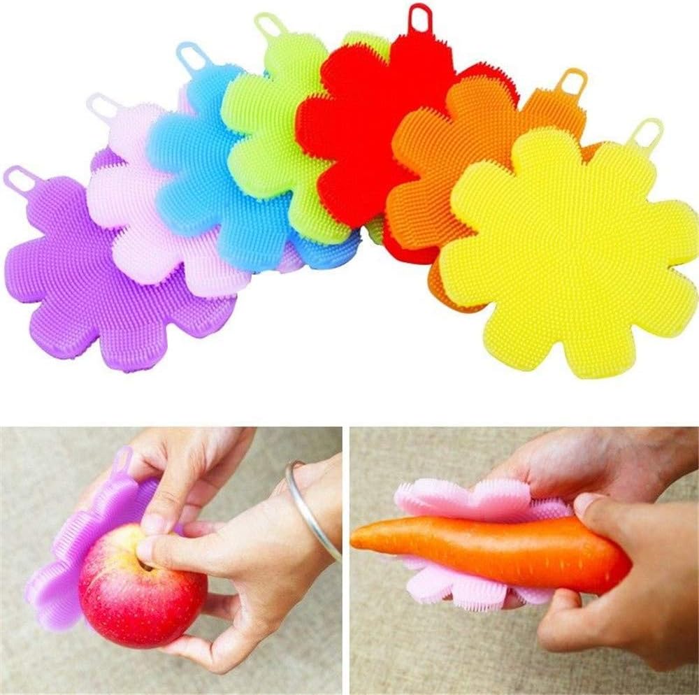 4 Pcs Silicone Cleaning Brush, Scrubber Brush Double Sided Fruit and Vegetable Scrubber Multi Use Flower Shape Pads Coaster (Color Random)
