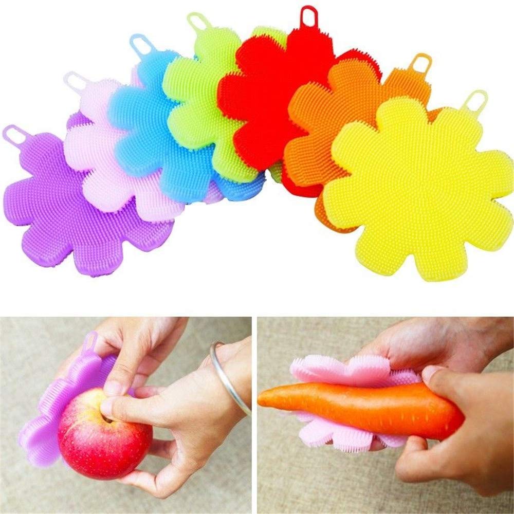 4 Pcs Silicone Cleaning Brush, Scrubber Brush Double Sided Fruit and Vegetable Scrubber Multi Use Flower Shape Pads Coaster (Color Random)