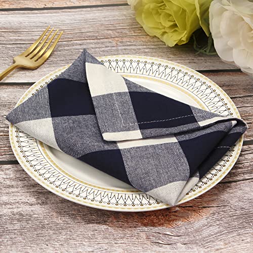 Image of Cotton Cloth Napkins Set of 4, 20 x 20 Inches, Buffalo Plaid Washable Dinner Napkins, Farmhouse Style, Reusable Check Napkins for Restaurants, Party, Weddings and Holidays,Dark Navy Blue and Cream