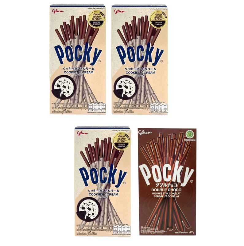 Pocky Double Choco Covered Biscuit Sticks (Pack Of 1 x 47g) And Pocky Cookies & Cream (Pack Of 3 x 40g)