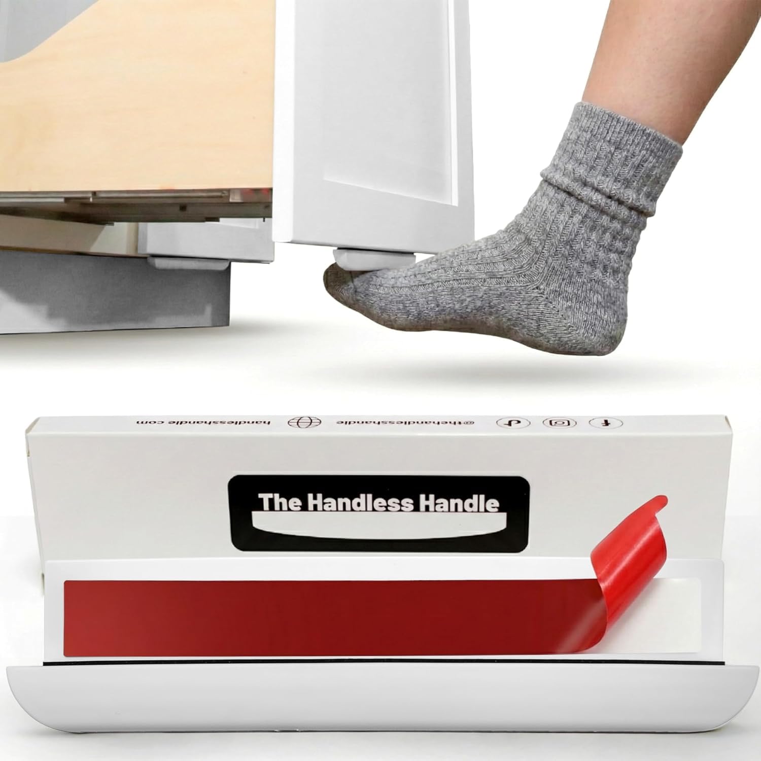 The Handless Handle – Hands-Free Garbage Drawer Foot Pull Handle, Touchless Opener for Drawers, Bins, & Cabinets (White, 1 Pack)