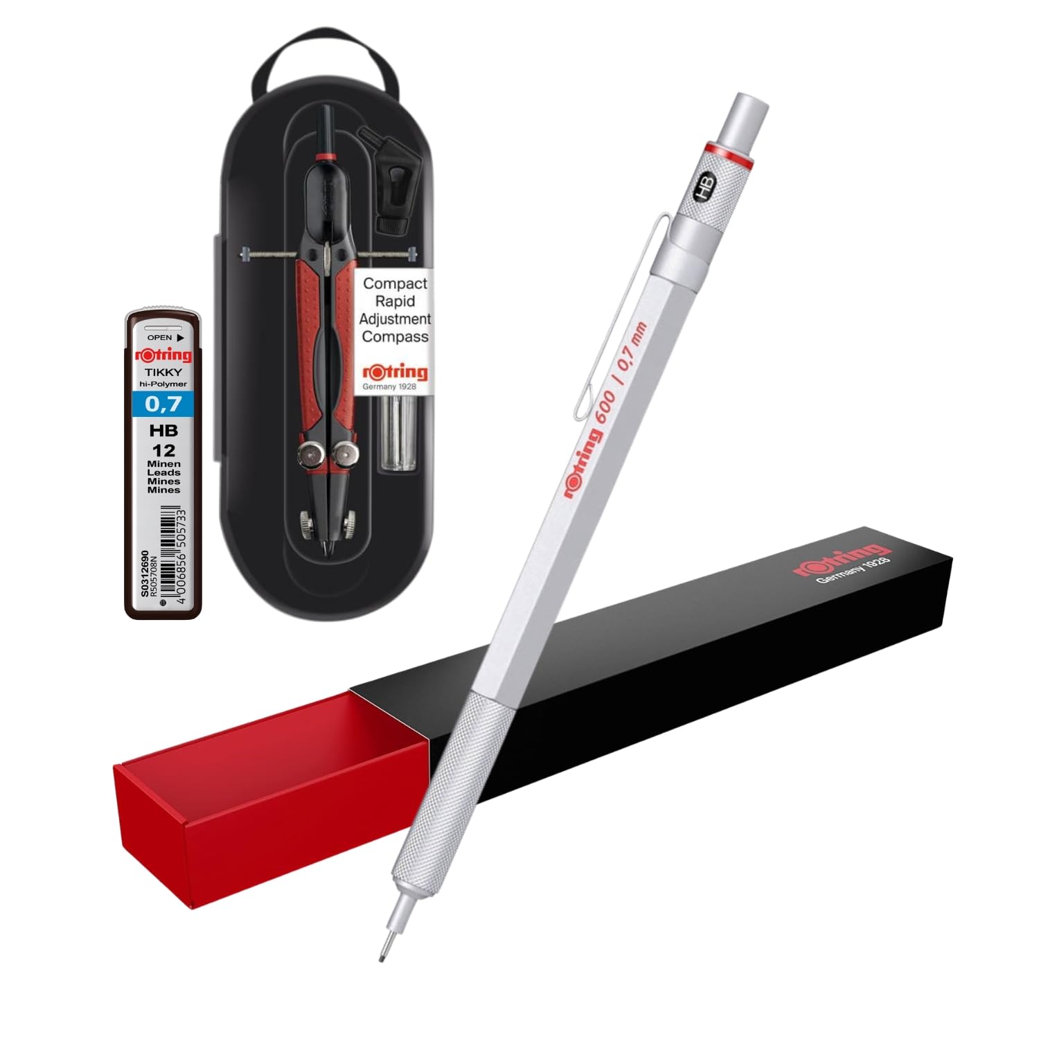 rOtring 600 Porte-mines Argenté 0,7 mm dans une boîte cadeau + boussole de réglage rapide 360 mm (compact) + mines HB 0,7 mm
