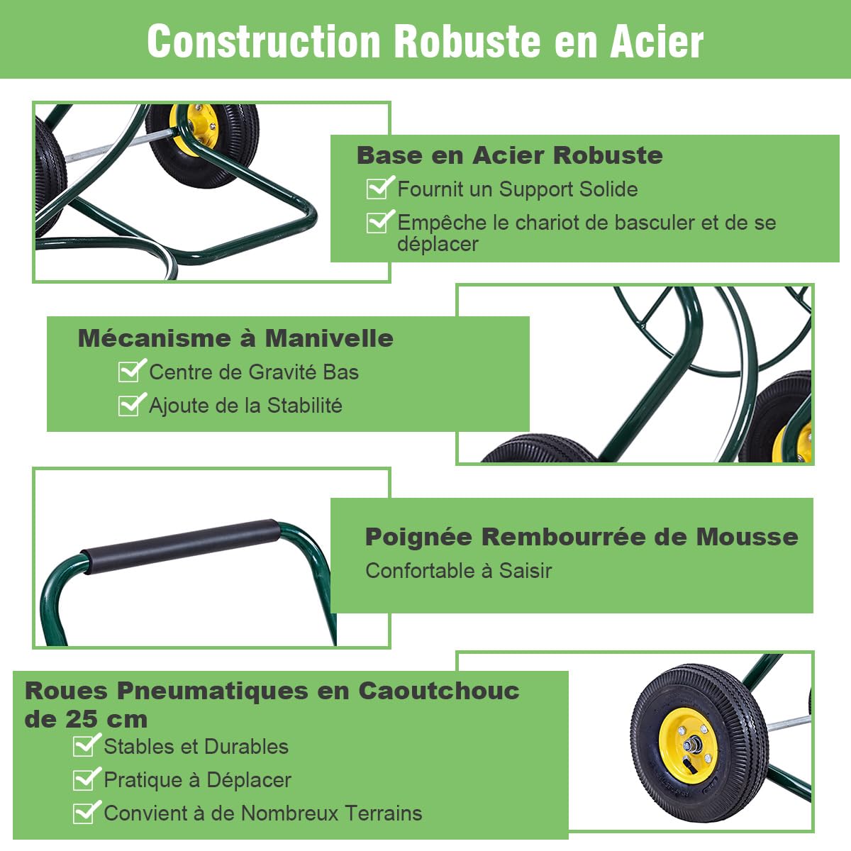 COSTWAY Chariot Enrouleur de Tuyau de Jardin avec 2 Roues Pneumatiques, Contenant 61M de Tuyau de 1,9 CM, Support de Stockage de Tuyau d'eau pour Plantation Jardinage, Vert