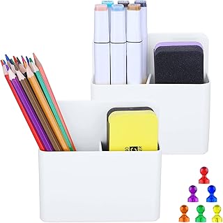 Antner 2 Pack Magnetic Dry Erase Marker Holders with Magnetic Push Pins, Dry Erase and Pen Storage Organizers for Whiteboa...