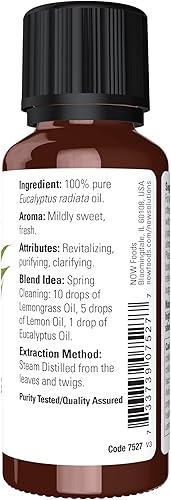Miniatura 2 de NOW Aceites esenciales, aceite de eucalipto radiata, aroma revitalizante de aromaterapia, destilado al vapor, 100% puro, vegano, tapa resistente a