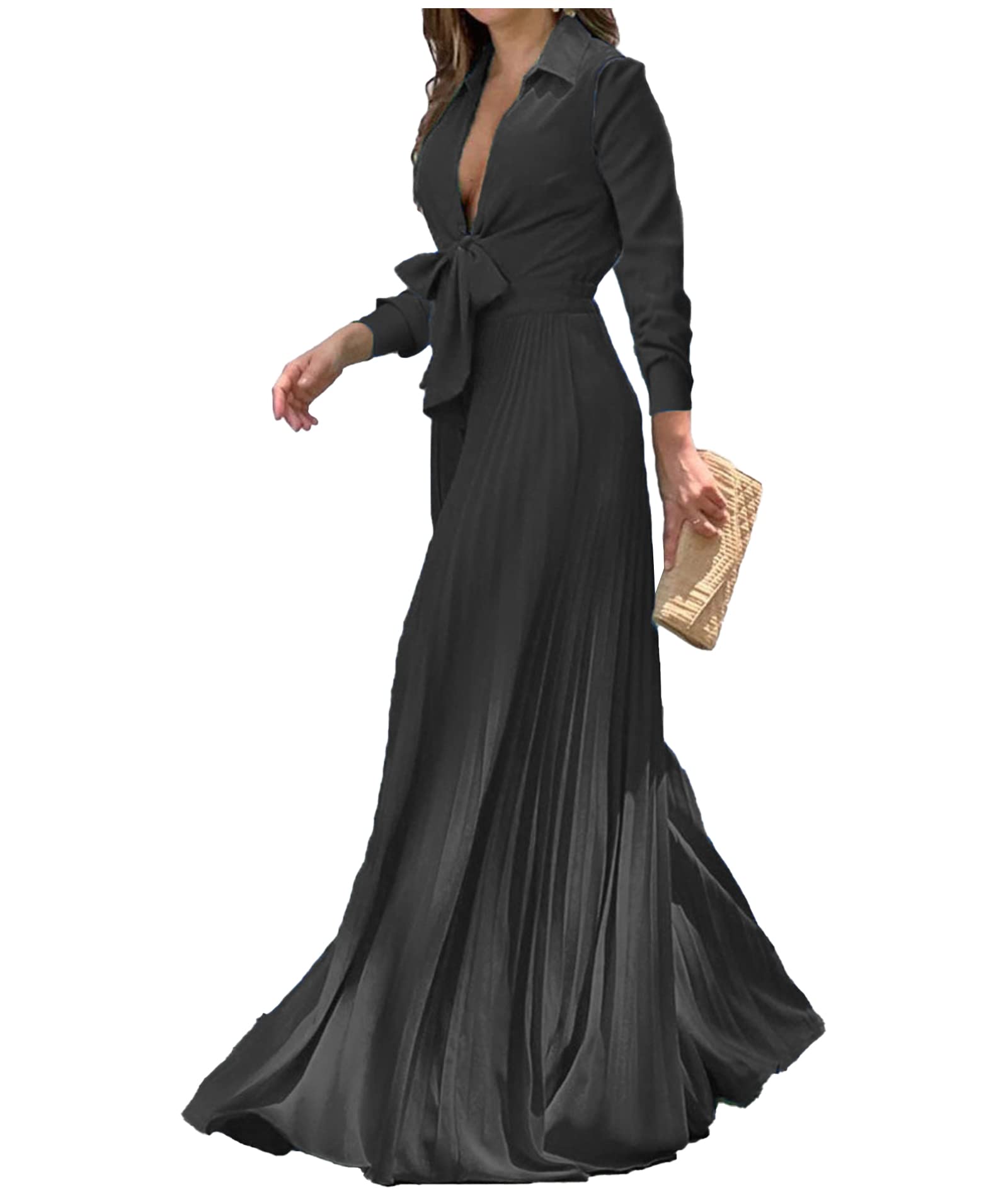 ECDAHICC Women's Elegant Long Sleeve V Neck One Piece Jumpsuits Pleated High Waisted Long Wide Leg Rompers with Belt