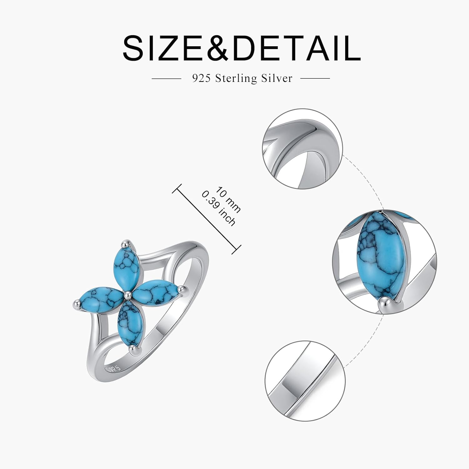 PEIMKO 925 Sterling Silver Genuine Turquoise Four Leaf Clover Boho Style Rings Jewelry Gifts for Women Mother