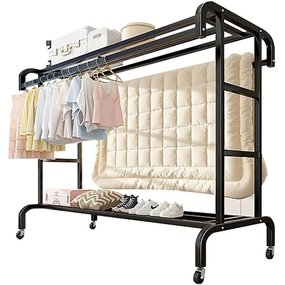 Aycdl D Freestanding Garment Rack With Wheels, Ouble Rail An Storage Shelf For Hanging Clothes, Multifunctional Esign,-150 * 50 * 150Cm