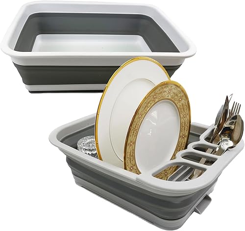 SAMMART Juego de 2 piezas de cocina y exterior escurridor de platos plegable con tablero escurridor y bañera de plástico plegable (2, gris)