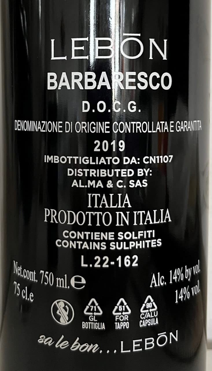 BARBARESCO DOCG 2019 Lebōn Vino Rosso 0,75 l - esclusiva etichetta in sughero, da collezione