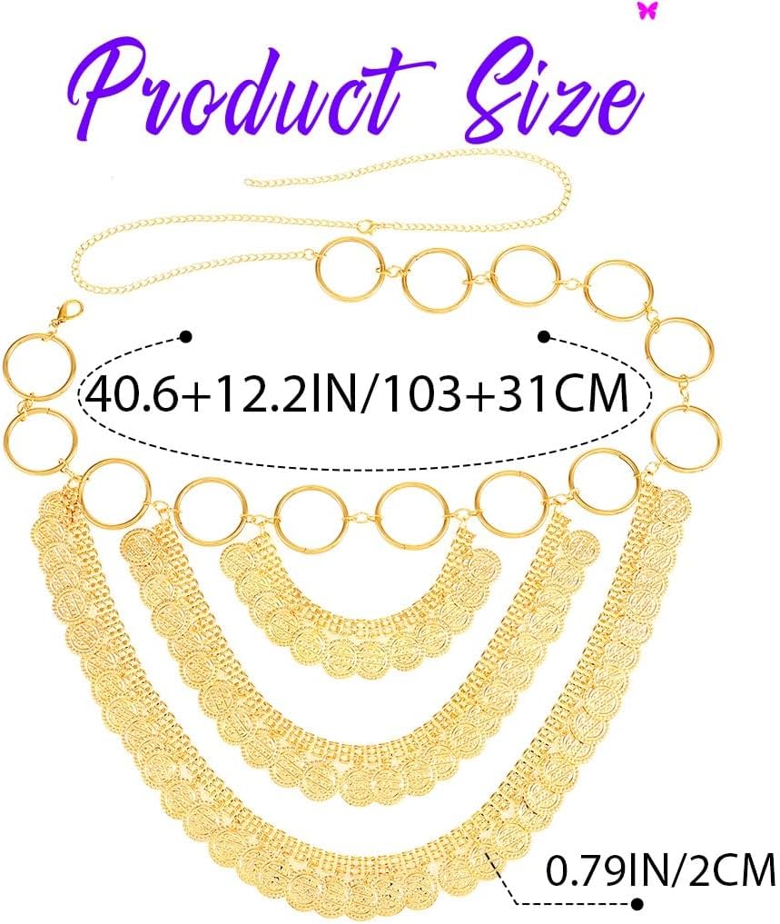 REETAN Gold Coin Waist Chain Belt Rave Fashion Layered Body Accessories for Women