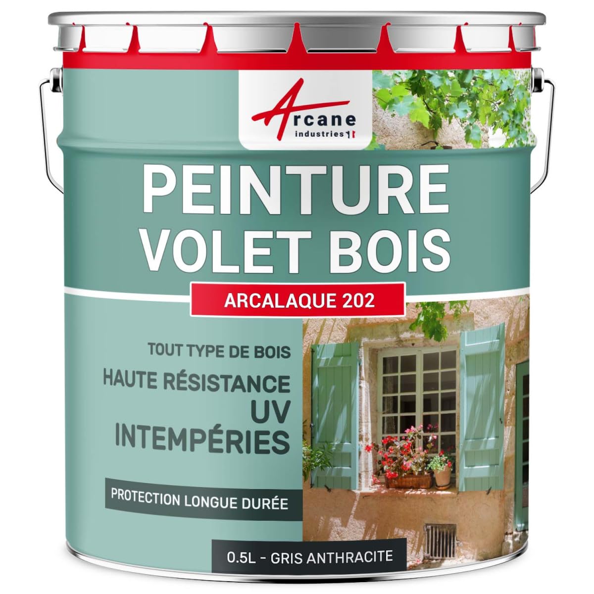 ARCANE INDUSTRIES Peinture volet Bois extérieur - Résistance UV et intempéries - Haut Pouvoir Couvrant - ARCALQUE 202-​0.5 L Gris Anthracite - RAL 7016