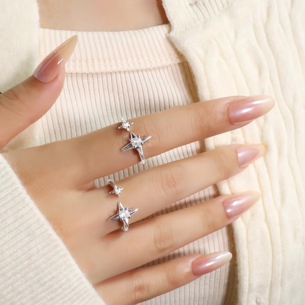 Dainty Silver Star Wrap Open Rings for Women Fashion Sparkly Cubic Zirconia Crystal Luck Star Engagement Adjustable Finger Knuckle Statement Stacking Ring Eternity Promise Simple Party Jewelry - Image 3