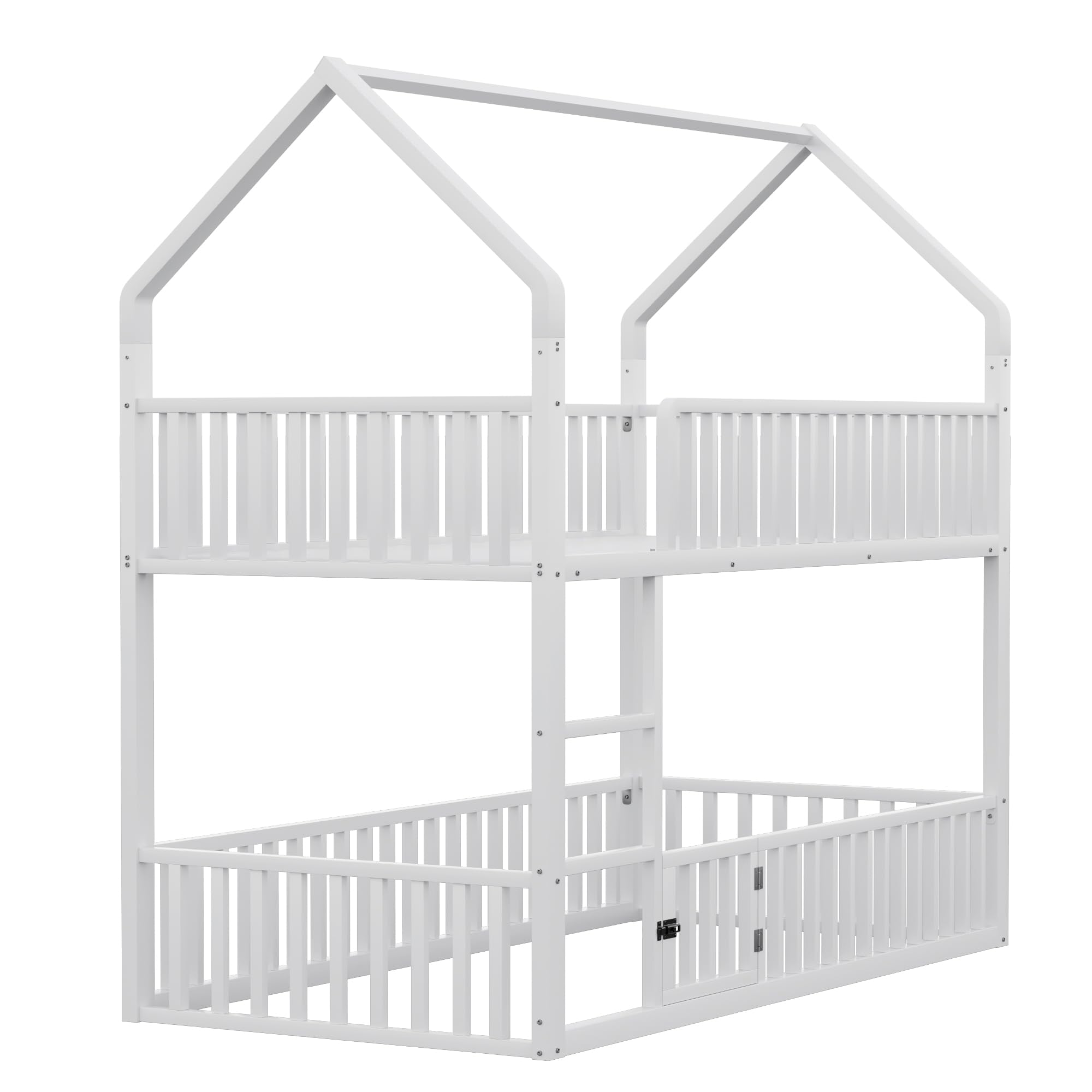 Merax Lit superposé pour enfant 90 x 200 cm, en métal, avec escalier, cadre en forme de maison, lit inférieur avec porte pour ouvrir et fermer, blanc (sans matelas)