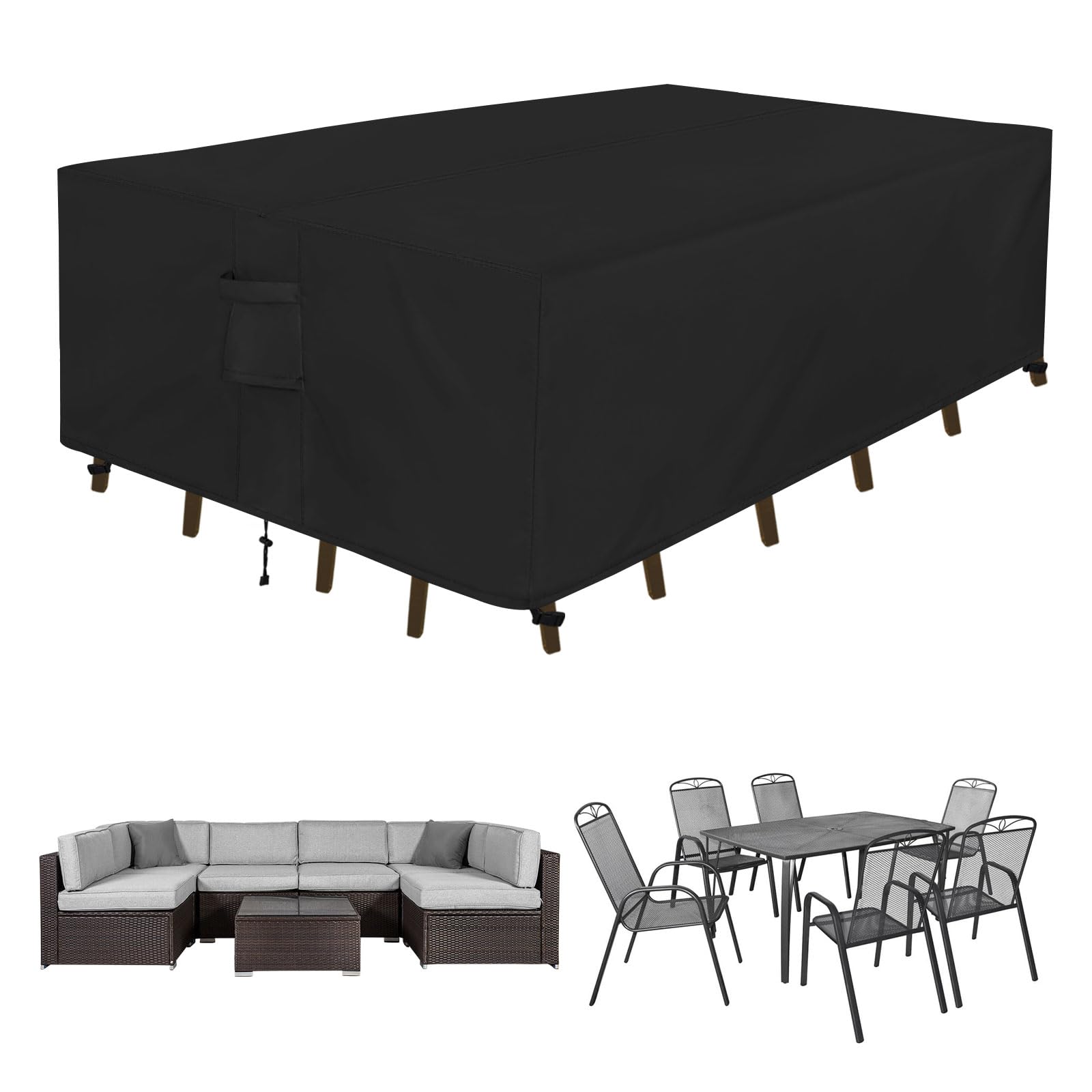 Easy-Going Rectangle Patio Furniture Cover Waterproof Outdoor Dining Table and Chair Cover Anti-UV Outside Sectional Sofa Set Covers (124"L x 71"W x 28"H, Black)