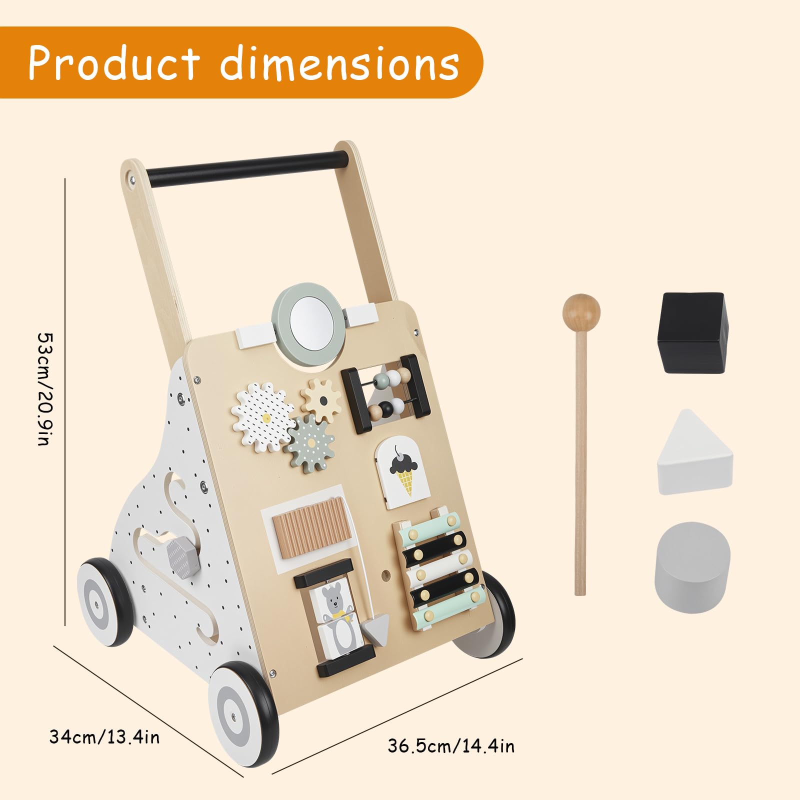 Montessori - Passeggino per bambini in legno, con Activity Center e ruote gommate, stabile aiuto per bambini piccoli, giocattolo in legno per bambini a partire da 1 anno, regalo per ragazzi e ragazze