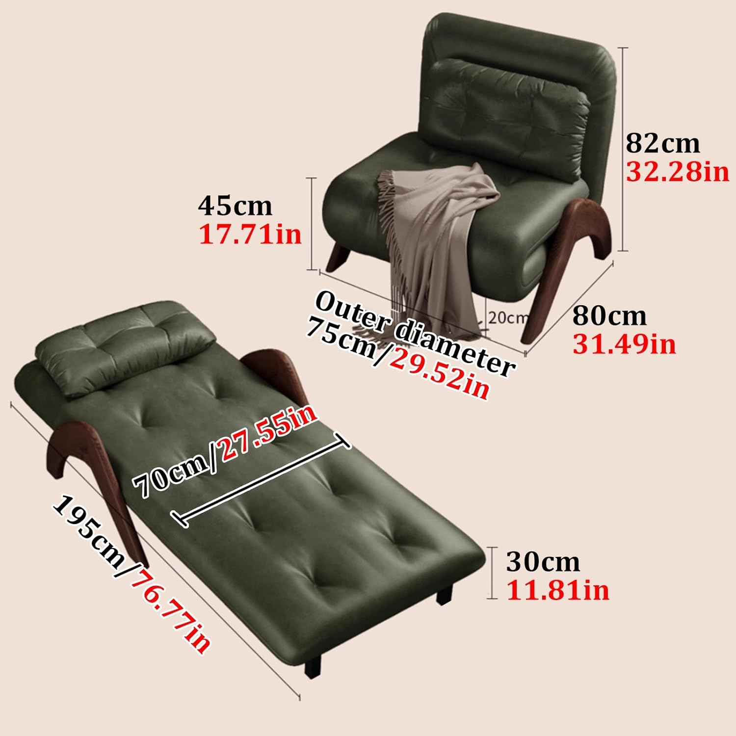 Mid-Century Modern Convertible Sofa Bed, Solid Wood Legs, 3-in-1 Chaise Lounge with Reclining Backrest & Pillow - Stylish Sofa for Living Room & Office (29.52in/75cm)