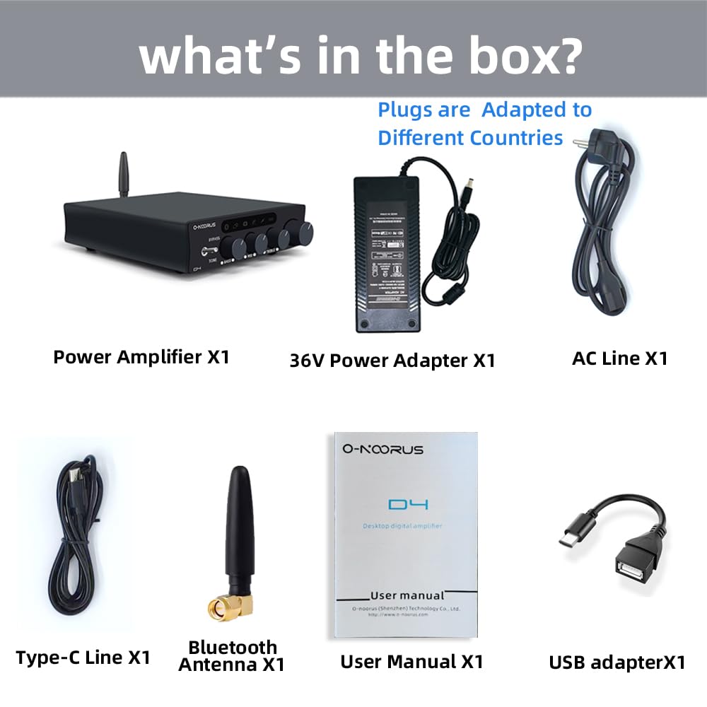 O-NOORUS D4 HDMI ARC Stereo Amplifier,300W x2 Bluetooth 5.4 Amp,TPA3255 PFFB 2.1 Channel Mini Class D Integrated Home Audio Outdoor Receiver with 3 Band EQ Control,Optical Coax USB RCA Input,36V5A PSU