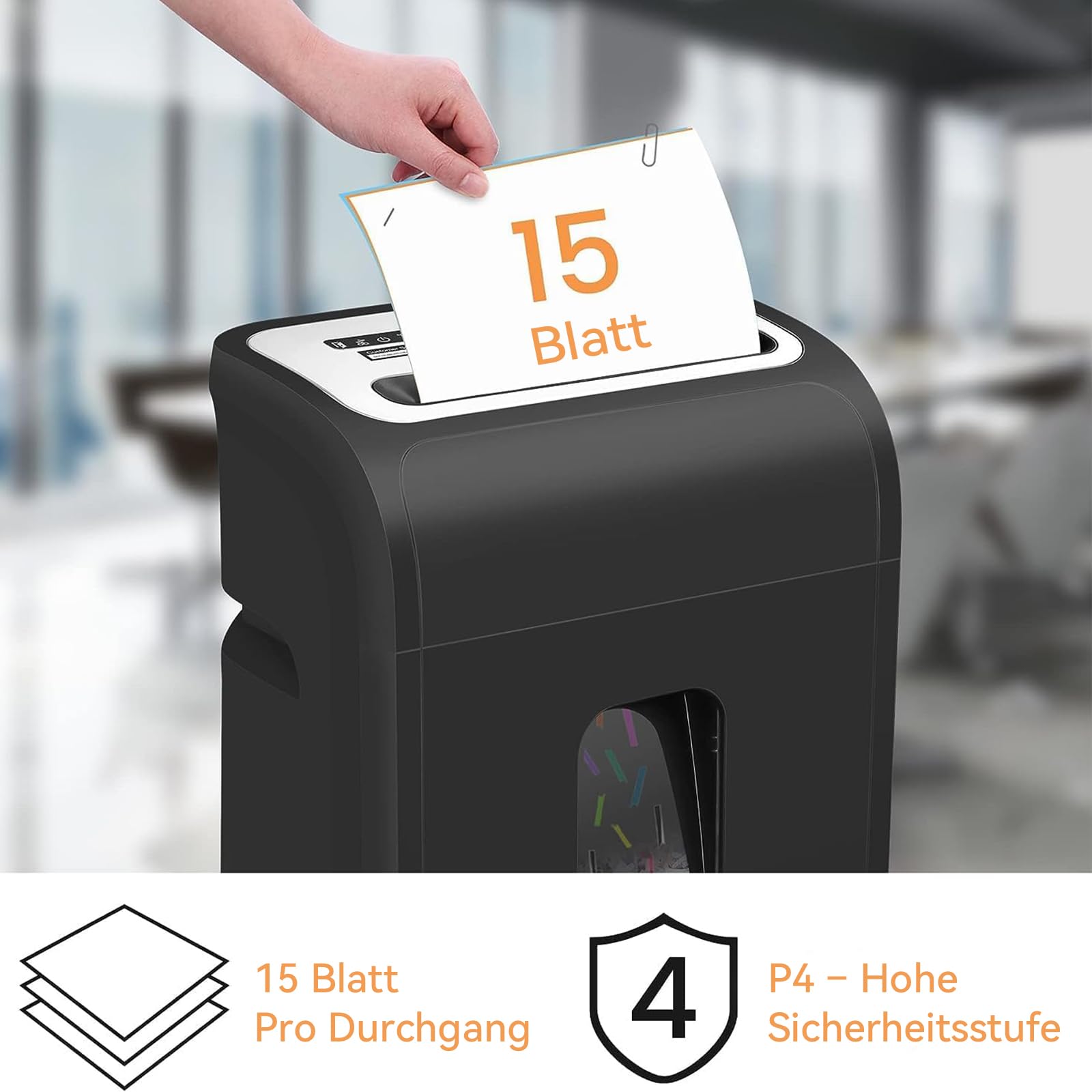 VidaTeco Aktenvernichter für Büro & Home Office – Papierschredder & Schredder mit 15 Blatt Kreuzschnitt P4, 60 Min Laufzeit, 20 Liter Papierkorb, 58dB leise