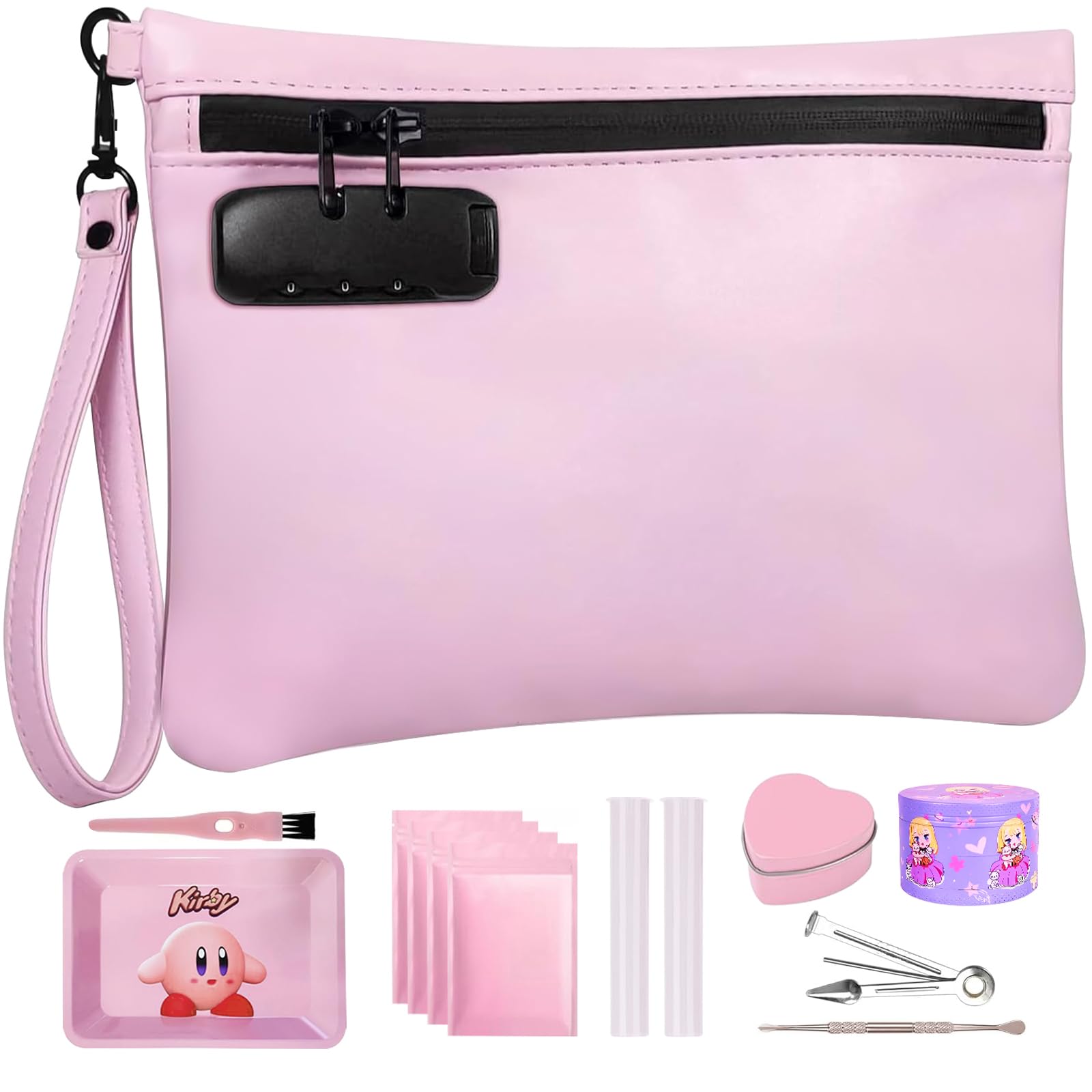 Smell Proof Bag with Combination Lock，with 8 Accessories, Premium Smell Proof Box Case, Water Proof Smell Proof Containers Pouch for Storing Smelly Products, pink set
