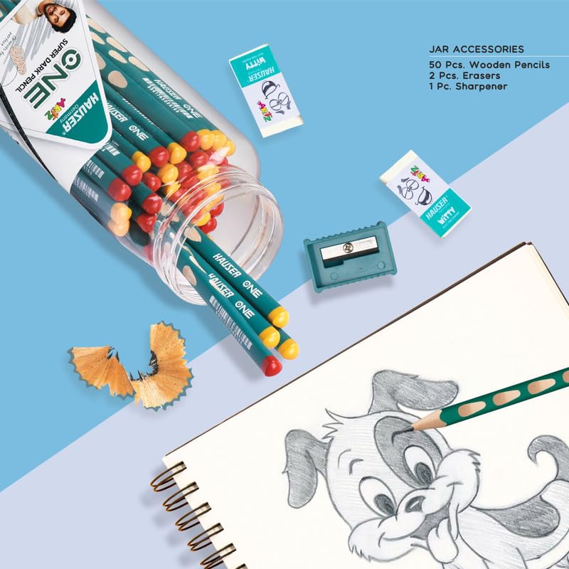 Image of HAUSER ARTZ ONE PENCIL-50 PCS JAR Set - 40 Pcs Multicolor Pencils | Extra Dark Lead for Smooth Writing | Ideal for Kids School Use & Drawing