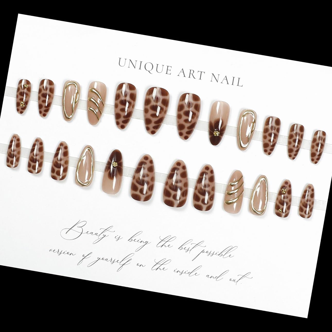 LPOODDNU Almond Press on Nails - Dark Green Medium Fake Nails with Leaf Designs, Glossy Finished Reusable False Nails with Double Adhesive Glue Tabs - 24Pcs Nail Kit for Women Manicure: brown leopard flower