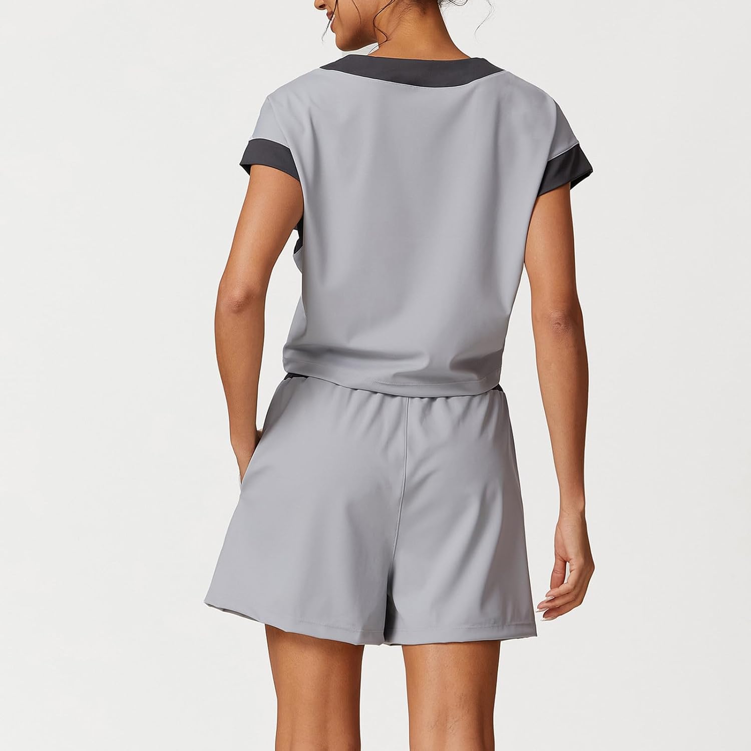 Oplxuo Women 2 Piece Short Sets Summer Casual V Neck Short Sleeve Tops Elastic Waist Shorts Matching Outfits with Pockets