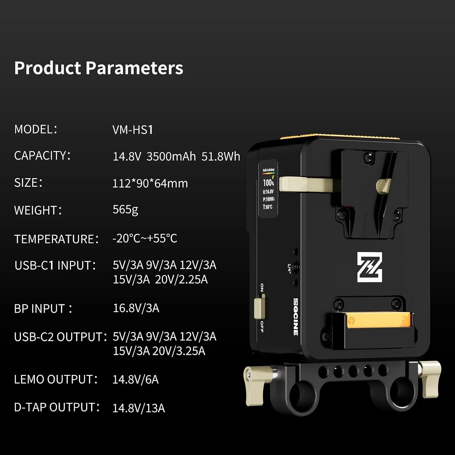 ZGCINE VM-HS1 Hot-Swap V-Mount Battery Plate 50Wh/14.8V, USB-C PD 65W & 8 Ports (4 D-Tap/Lemo) with 0.96" IPS Display for RED/Arri Cameras with 15mm Rod Clamp, 1.25 LB